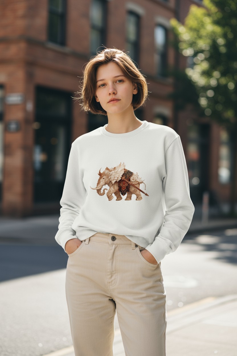 Ito Hoshi Signature Series sweatshirt: Ivory Titan – Royal War Elephant Sweatshirt